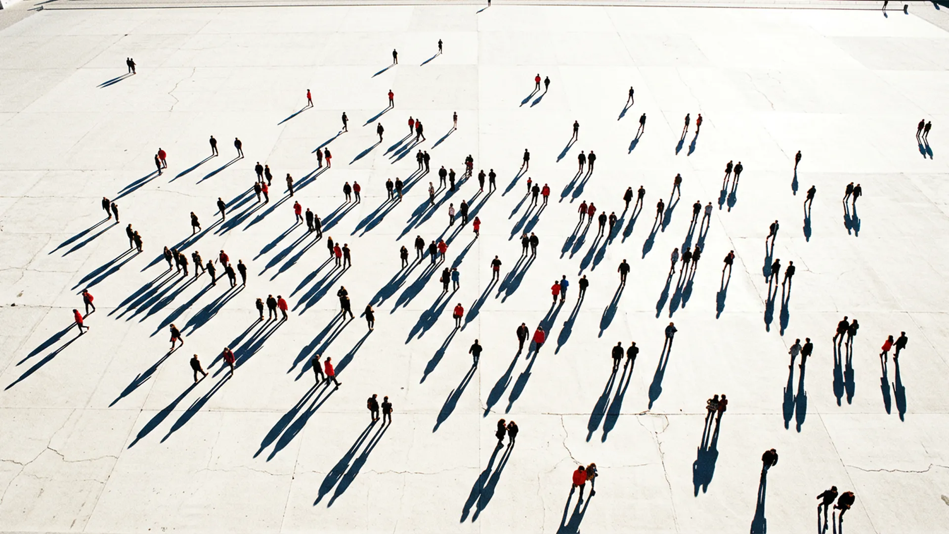 This is a high-angle, almost top-down photograph of a crowd of people dispersed across a vast, pale, sun-drenched surface, likely a concrete plaza or a salt flat. The composition feels spacious and uncentered, with figures scattered unevenly throughout the frame. Similar to its companion piece, the most striking artistic element is the interplay of light and shadow. A low, bright sun casts incredibly long, dark, and sharply defined shadows from each person, making the shadow often appear more prominent than the individual casting it. These elongated shadows create a powerful graphic pattern, a rhythmic series of dark lines that slice across the pale ground, all pointing in the same direction. The people themselves are small figures, distinguished by the varied colors of their attire, which appear as small dots of red, black, and blue in the expansive scene. The minimalist, almost bleached-out color palette of the ground starkly contrasts with the dark shadows and colorful specks of humanity, creating a sophisticated and highly stylized composition that explores themes of scale, individuality, and the collective