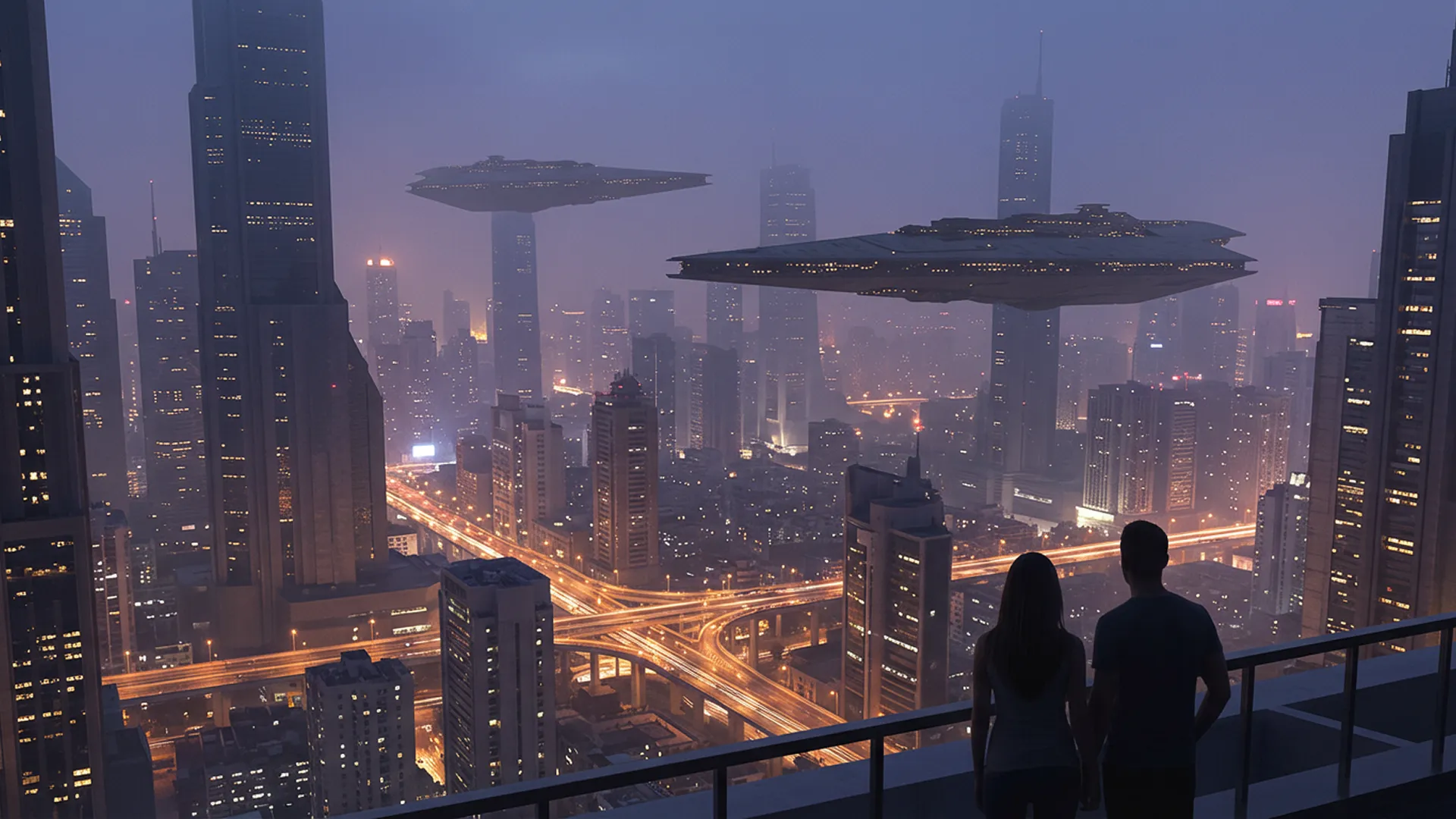 From a high-angle, cinematic viewpoint, the image presents a breathtaking panorama of a futuristic megalopolis at twilight. The scene is dominated by two colossal, wedge-shaped starships that hover with silent authority in the hazy air, their dark hulls punctuated by small, illuminated windows that underscore their immense scale. Below them, a dense urban landscape stretches into the distance, a vibrant tapestry of towering skyscrapers and complex structures glowing with a network of warm, golden lights. In the bottom right corner, the silhouettes of a man and woman stand on an unseen balcony, their forms small and dark against the city's luminous grandeur. This off-center composition and the dramatic perspective create a powerful sense of awe and contemplation, portraying a moment of human reflection within an environment of overwhelming technological and architectural achievement, rendered with the polished, atmospheric detail of a high-end concept art piece